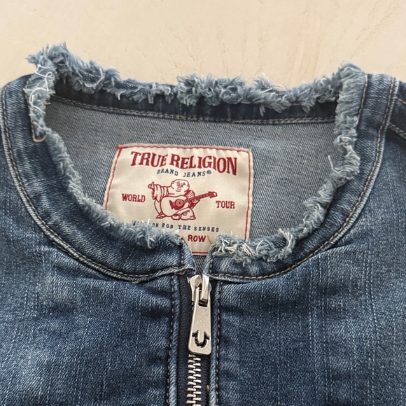 True Religion Y2K Slim Jimmy Dark Blue Jean Jacket frayed collarless neck - Picture 16 of 16
